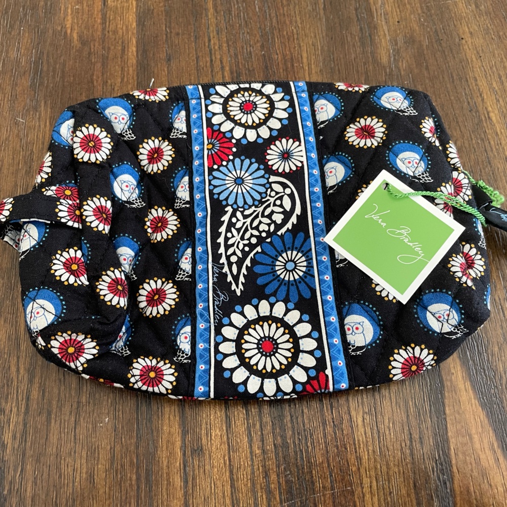 Vera Bradley Quilted Cosmetic Pouch in Black with Blue and Red Floral Accents